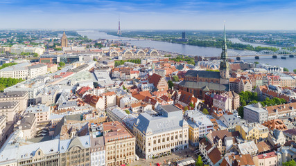 Fototapeta na wymiar Top view on the old town with beautiful colorful buildings and streets in Riga city, Latvia, bird eye view