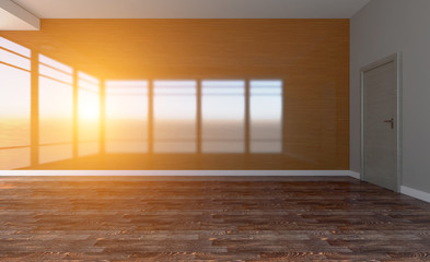 Obraz premium Sunset Open space office interior with like conference room. Mockup. 3D rendering.