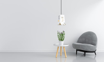 grey sofa in white living room and blank space for text, 3D rendering