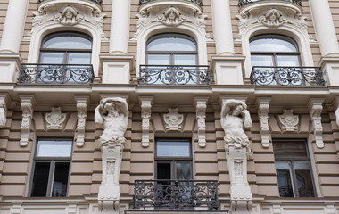 The building facade ,Riga, Latvia. This building is an example of Art Nouveau architectural style