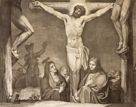 REGGIO EMILIA, ITALY - APRIL 12, 2018: The lithography of Crucifixion (cross way) in church Chiesa di Santo Stefano by Benedetto Eredi (1750 - 1812).