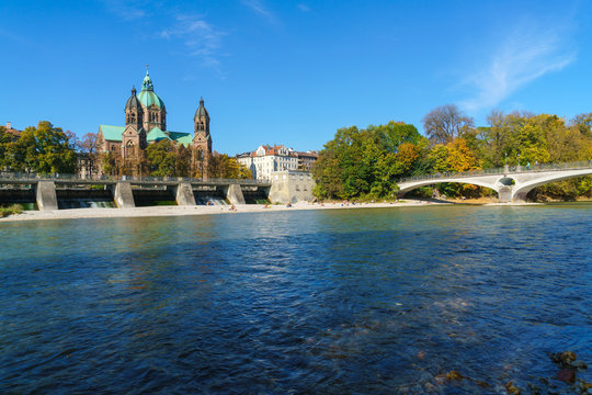 St. Luke Church near Isar river and Wehrsteg, Munich, Germany