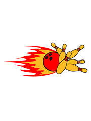 schnell feuer flammen bowling pins umwerfen strike treffer sport verein team crew punkte spaß kugel bahn