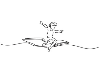 Little boy flying on book in the sky. Vector illustration. Continuous line drawing. Concept for logo, card, banner, poster, flyer