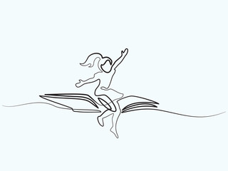 Little girl flying on book in the sky. Vector illustration. Continuous line drawing. Concept for logo, card, banner, poster, flyer