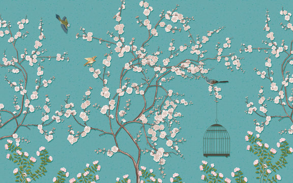 Chinese paintings of plum blossoms and birds Blue background picture