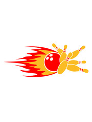 schnell feuer flammen bowling pins umwerfen strike treffer sport verein team crew punkte spaß kugel bahn