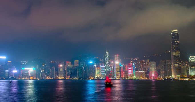 Aerial tNight imelapse of illuminated Hong Kong skyline. Hong Kong, China