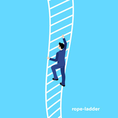 a man in a business suit rises up the rope ladder, an isometric image