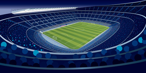 Obraz premium Drawing of a stadium full of people at night in blue tones with wide angle view in large format. Vector illustration 