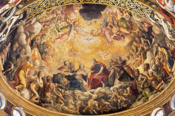 PARMA, ITALY - APRIL 16, 2018: The fresco of Coronation of Virgin Mary in main apse of church...