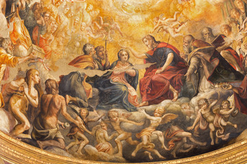 PARMA, ITALY - APRIL 16, 2018: The fresco of Coronation of Virgin Mary in main apse of church...