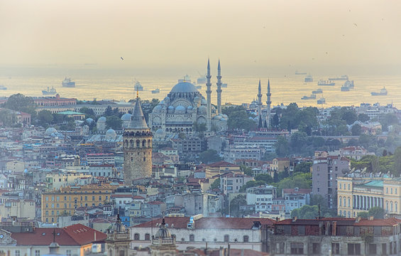 Galata Tower and Suleymaniye Mosque at sunset