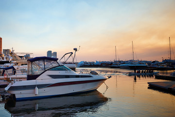 Fototapeta premium Marina with docked yachts at the end of the day