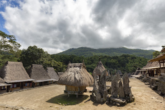 Ceremonial and ancient megalithic structures in the center of the Bena traditional village in Flores, Indonesia.