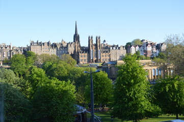 Fototapeta na wymiar Edinburgh above Princes Street, viewed from restaurant window above shops