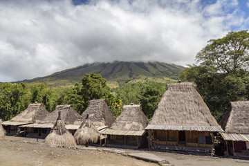 Fototapeta na wymiar View of traditional houses and Mount Inerie in the Bena traditional village in Flores, Indonesia.