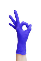 Ok sign  made of  purple medical gloves. Fingers Okay symbol. Healthy lifestyle, vitamins, vaccination, afraid of injections, medical store, pharmacy,  recovery, useful habits, proper nutrition