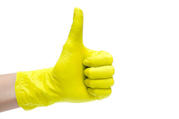 Like sign icon made of yellow medical gloves. Hand finger up symbol. Thumbs up gesture. Isolated on white background