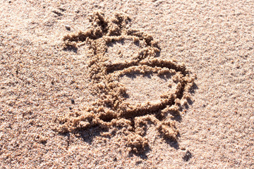 Bitcoin on sand. Mining. Digital currency. Cryptocurrency.   Concept freelance, stock exchange.