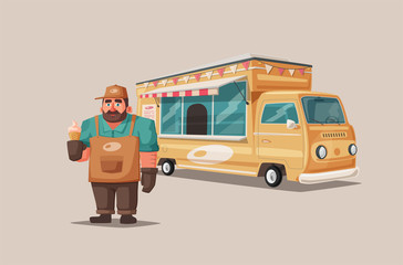 Retro street food van. Funny seller character. Cartoon vector illustration.
