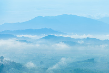 Fototapeta na wymiar slow floating fog blowing cover on the top of mountain in Khao Kai Nui Phang Nga province look like as a sea of mist