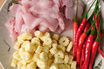 fresh red chilli ,raw pork and corn