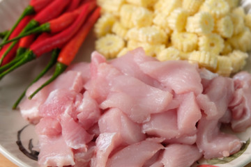 fresh red chilli ,raw pork and corn