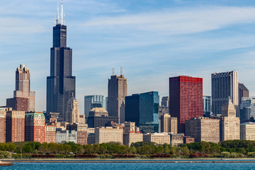 Windy City downtown skyline from Lake Michigan on a sunny day. Chicago is home to the Cubs, Bears,...