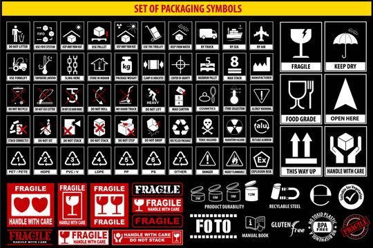 Set of packaging symbols, tableware, plastic, fragile symbols, cardboard symbols.(this side up, handle with care, fragile, keep dry, keep away from direct sunlight, do not drop, do not litter)