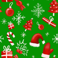 Merry Christmas seamless pattern. Christmas tree baubles, sweets, candy canes, snowflakes, bells and gifts on green background.