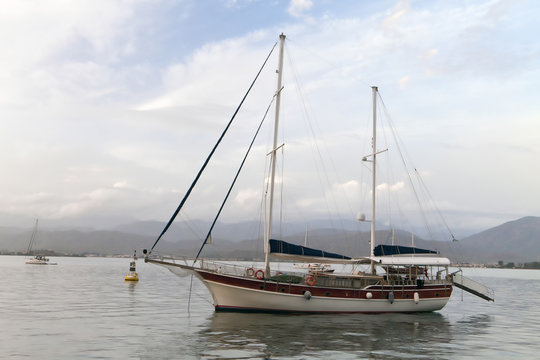 Two-masted sailboat in the harbor of  Fethiye, Turkey