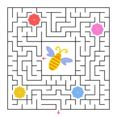 A square labyrinth. Help the bee to find a way out and collect honey from all colors. Simple flat isolated vector illustration.