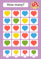 Counting game for preschool children. The study of mathematics. How many items in the picture. Color hearts. With a place for answers. Simple flat isolated vector illustration.