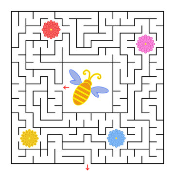 A square labyrinth. Help the bee to find a way out and collect honey from all colors. Simple flat isolated vector illustration.