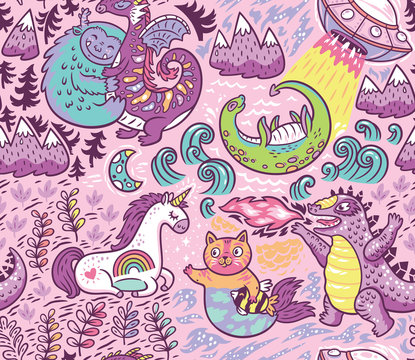 Fantastic creatures, animal pattern. Vector cute background