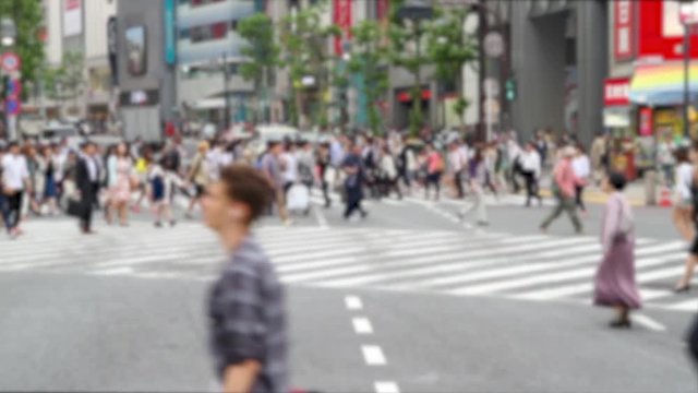 Blurred video of people walking the Shibuya crossing, probably the busiest pedestrian crossing in the world, Tokyo, Japan