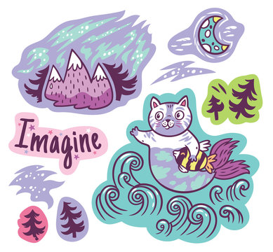 Stickers with fantastic animals, and phrases in cartoon style. Vector illustration