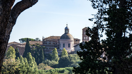 Fototapeta na wymiar View through trees of distant buildings in Rome, Italy