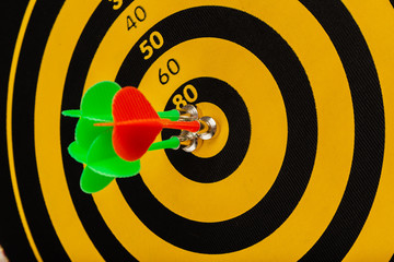 The game of darts, darts on the target.