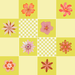 Vector seamless floral pattern with decorative different flowers on a checkered modern color background