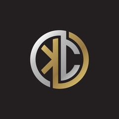 Initial letter KC, looping line, circle shape logo, silver gold color on black background