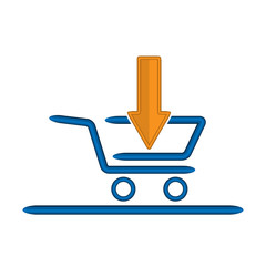 Shopping cart icon and down arrow, illustration of sales decline