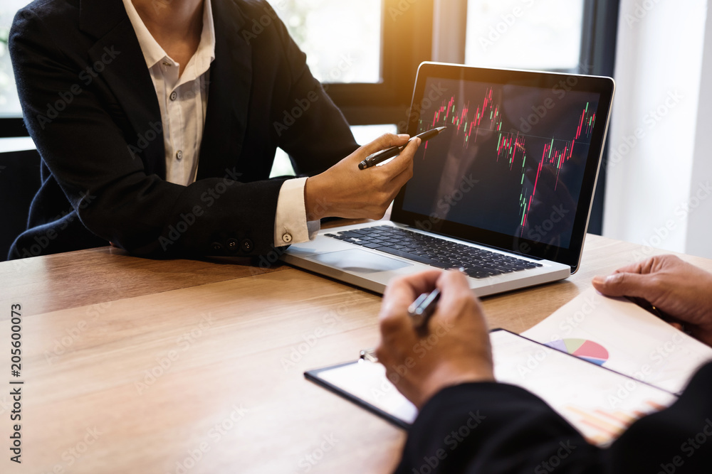 Poster Business team investment working with computer and analysis graph stock market trading with stock chart data, business and technology concept