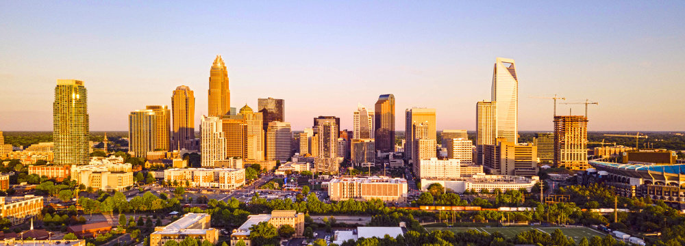 Aerial Fly in Over Charlotte North Carolina Downtown City Skyline