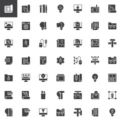 Creativity and design vector icons set, modern solid symbol collection, filled style pictogram pack. Signs, logo illustration. Set includes icons as Workflow, Planning, Design tool, Idea, Computer