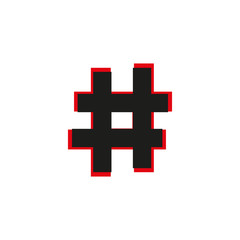 Black flat Hashtag icon with long shadow on white background