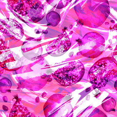 Watercolor, vintage pattern - pomegranate fruit, pomegranate flowers, red flowers, berries.  In the decorative style. pink, purple, white, black, burgundy color. 