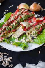 Roasted baked eggplants slices with tomatoes, walnuts dressing, salad leaves and vegan sunflower seeds mayonnaise. Raw vegan vegetarian healthy food. Vegan lunch or dinner
