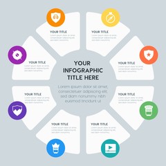 Circle chart location, security, video, photos infographic template with 8 options for presentations, advertising, annual reports
